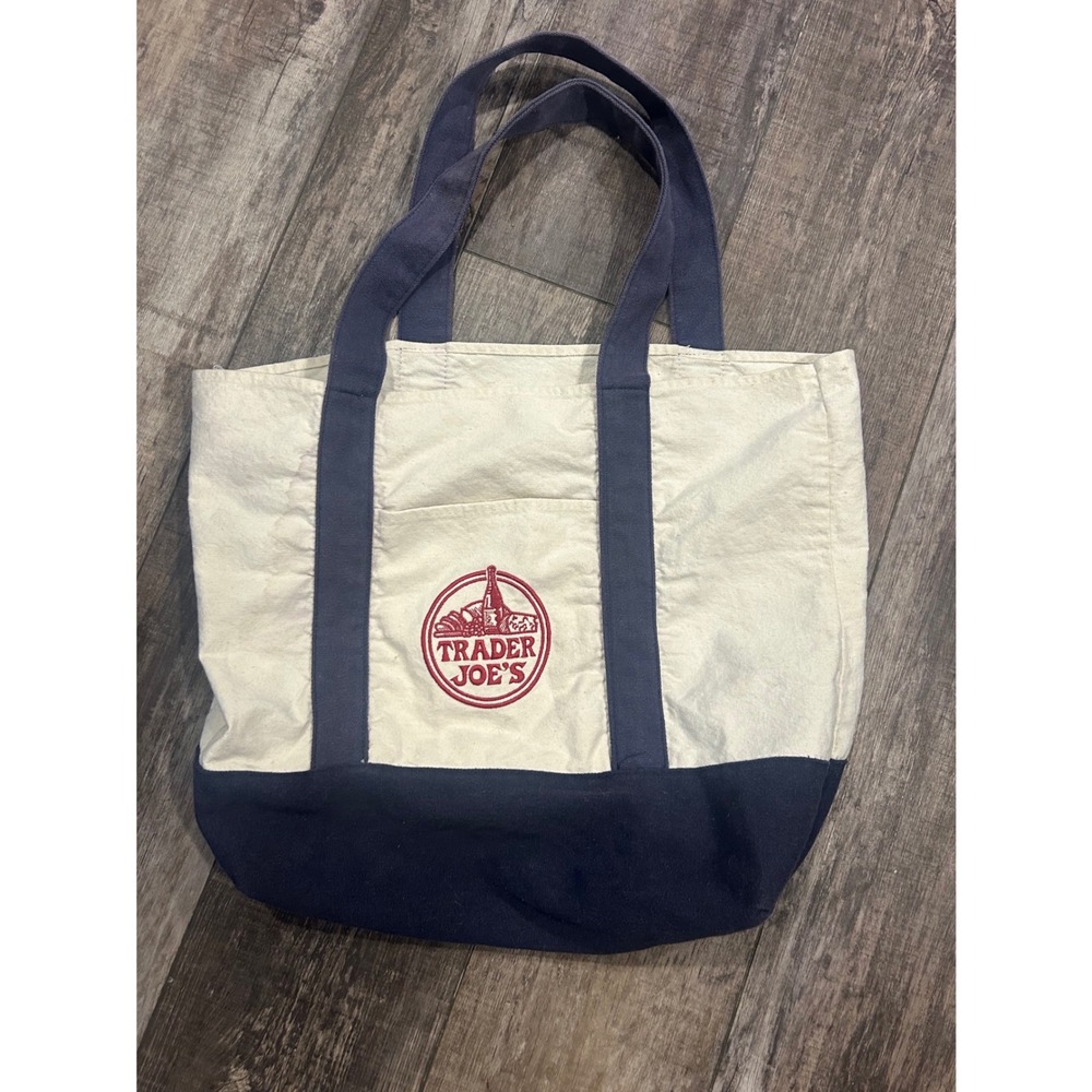 Trader Joe's Canvas Tote Bag Navy Blue Cream Embroidered Logo Reusable Shopper